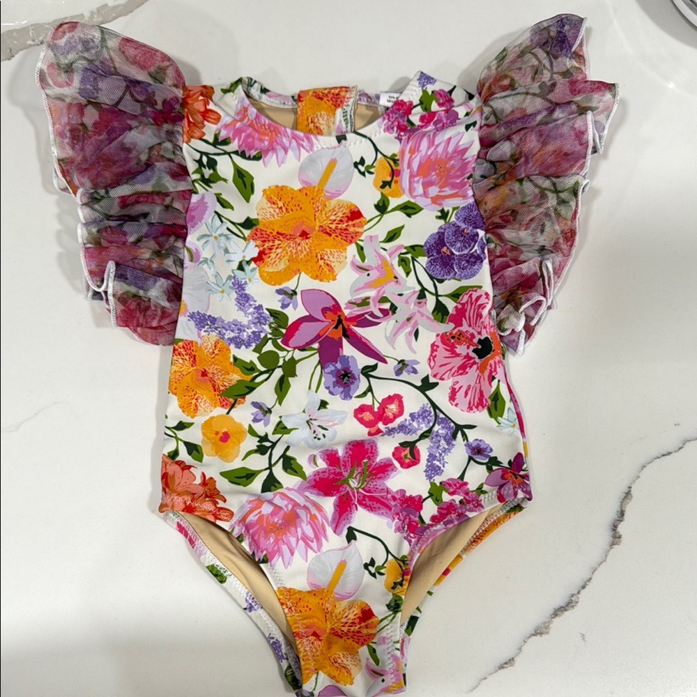 Floral Ruffle-Sleeve Kids One-Piece Swimsuit - White Multi